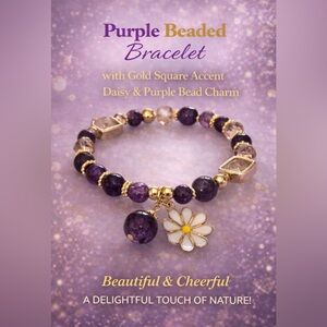 Purple Glass Beaded Bracelet w/ Gold Accents and Purple Daisy Charm